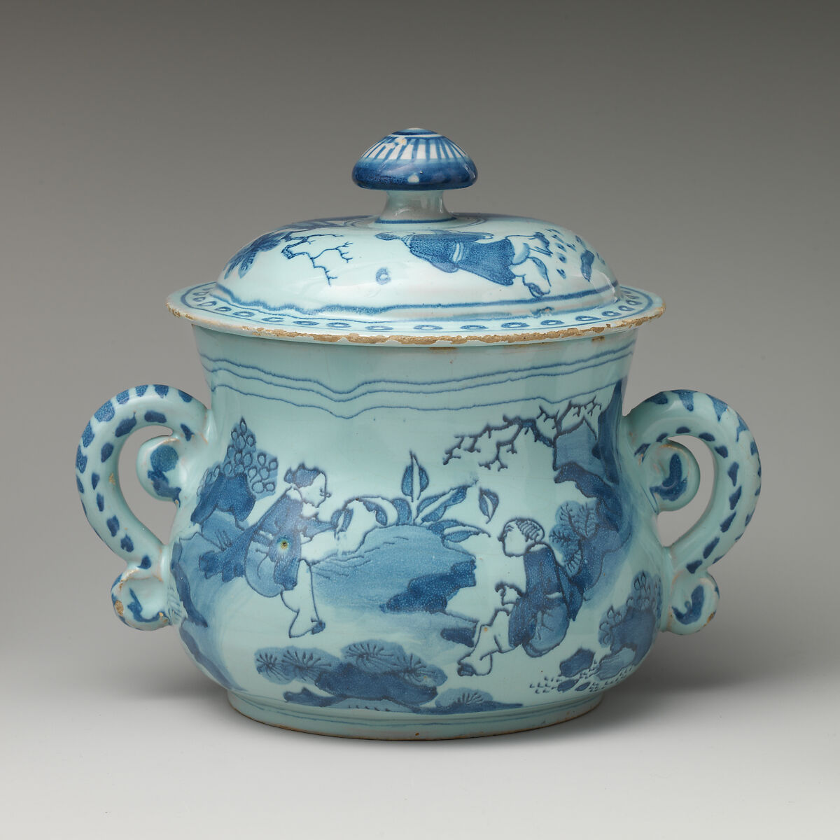 Posset pot with cover, Tin-glazed earthenware (delftware), British, Bristol
