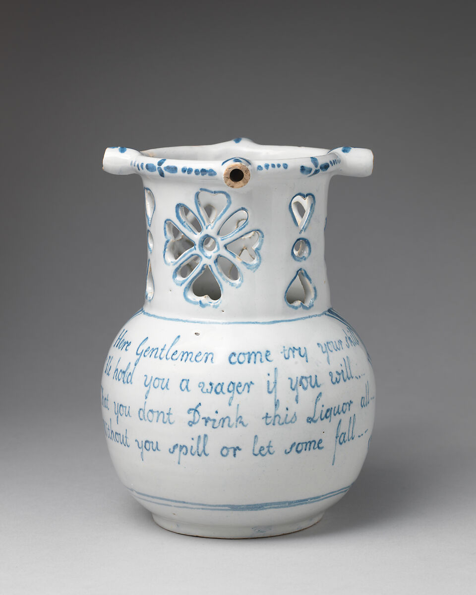 Puzzle jug, Tin-glazed earthenware, British, Liverpool