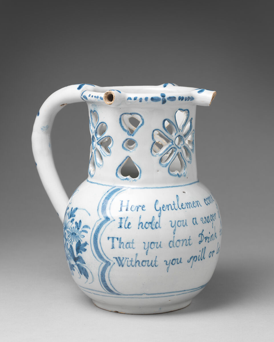 Puzzle jug, Tin-glazed earthenware, British, Liverpool 