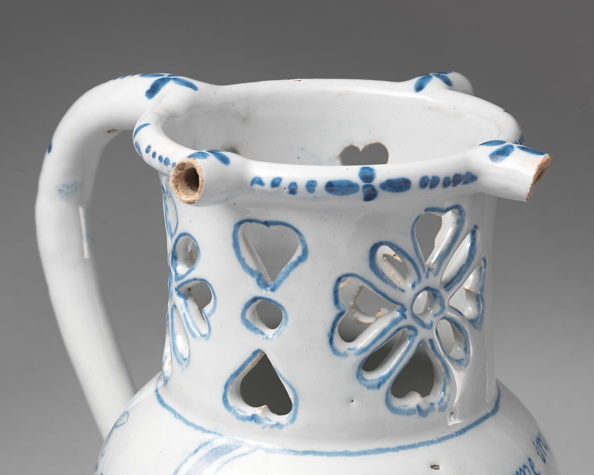 Puzzle jug, Tin-glazed earthenware, British, Liverpool