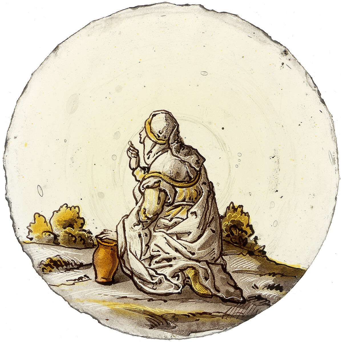 Saint Mary Magdalene, Colorless glass, silver stain, and vitreous paint, possibly Dutch 