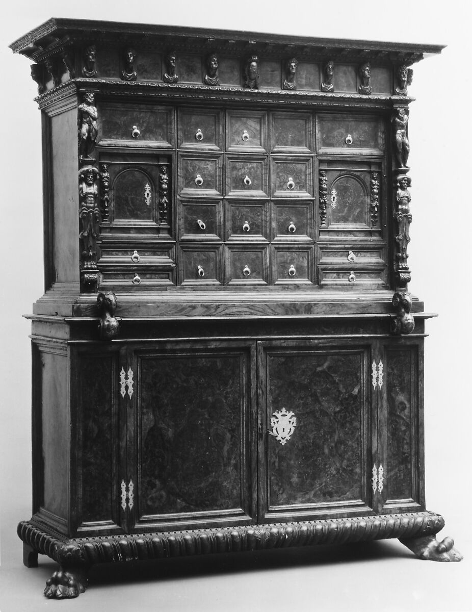 Writing cabinet, Walnut with brass mounts, Italian, Genoa 