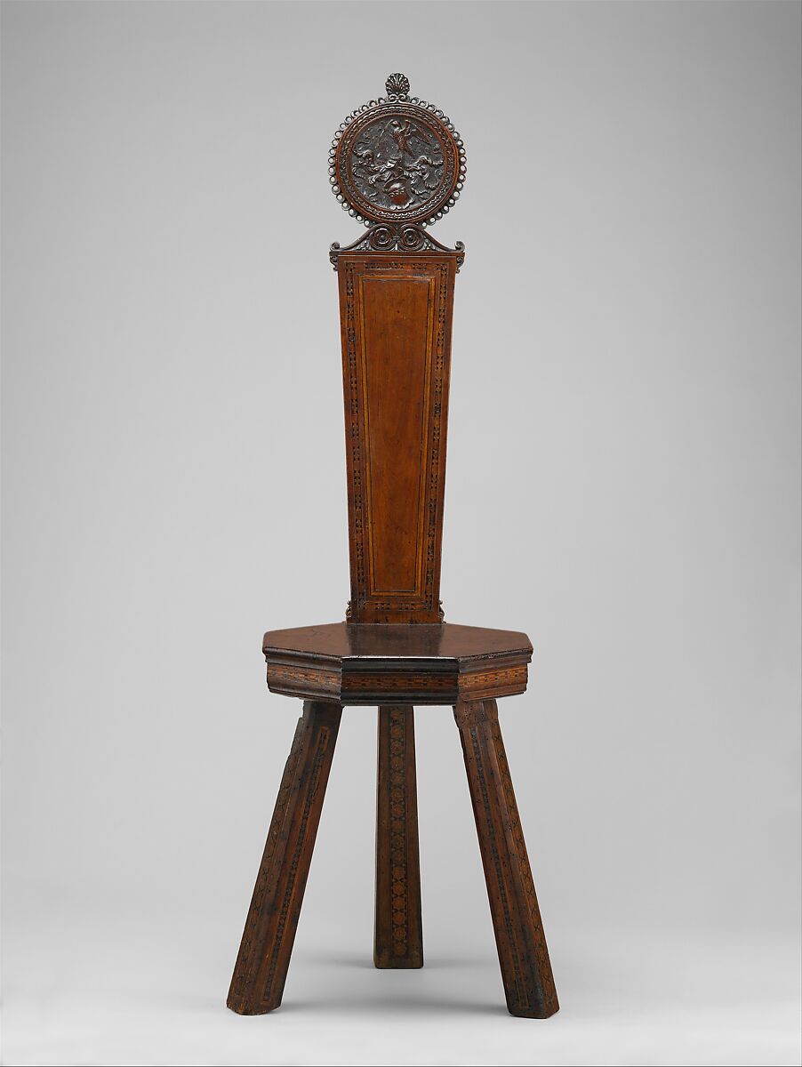 Chair (Sgabello), Workshop of Giuliano da Maiano (1432–1490) and Benedetto da Maiano (1442–1497), Walnut, maple, ebony; ebonized wood, and fruitwood; traces of gilding and red paint, Italian, Florence