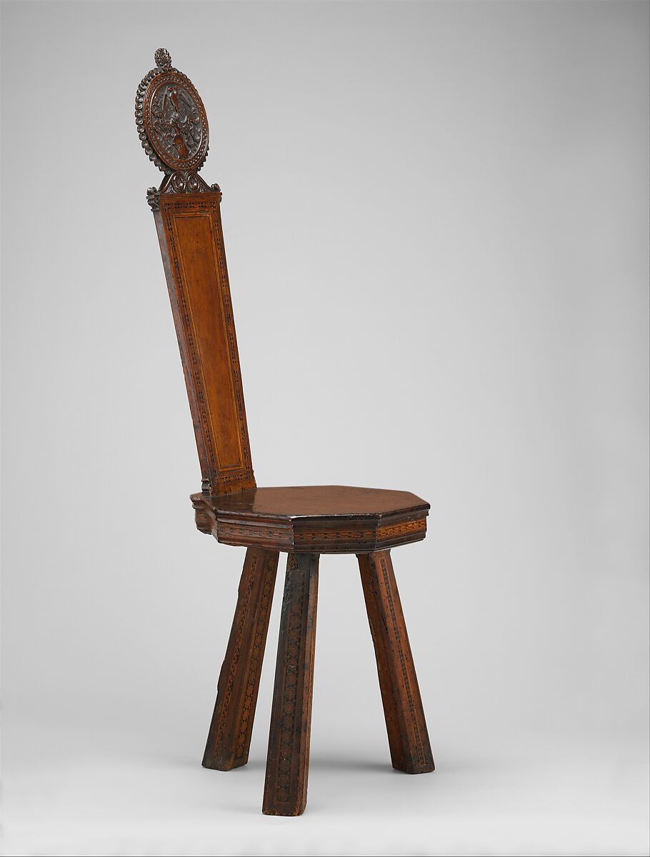 Chair (Sgabello), Attributed to the Workshop of Giuliano da Maiano (1432–1490) and Benedetto da Maiano (1442–1497), Walnut, maple, ebony; ebonized wood, and fruitwood; traces of gilding and red paint, Italian, Florence