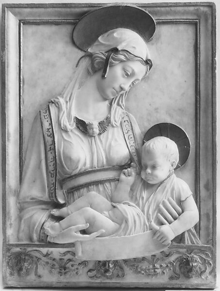 Renaissance-style relief of Virgin and Child, Carrara marble with details gilded, possibly Italian, Siena 