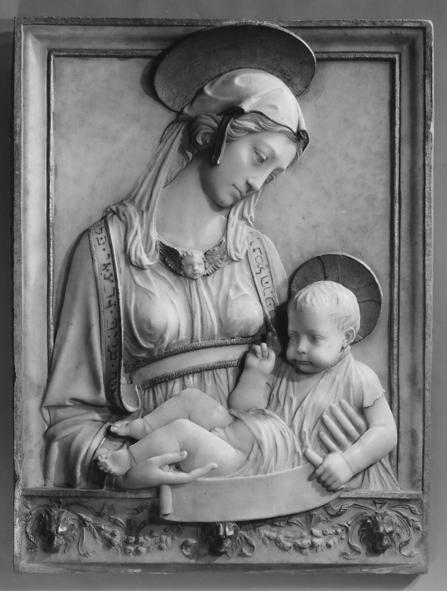 Renaissance-style relief of Virgin and Child, Carrara marble with details gilded, possibly Italian, Siena