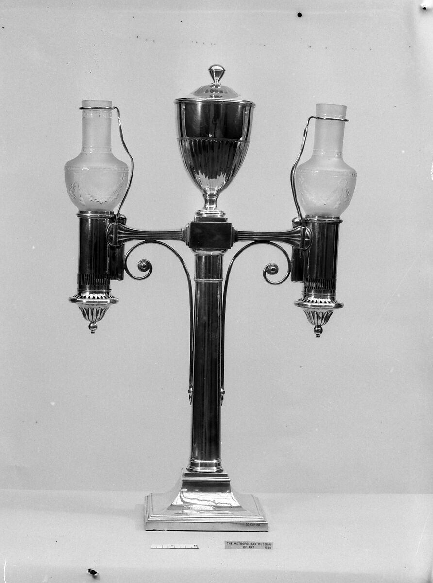 Lamp, Sheffield plate, glass, British 