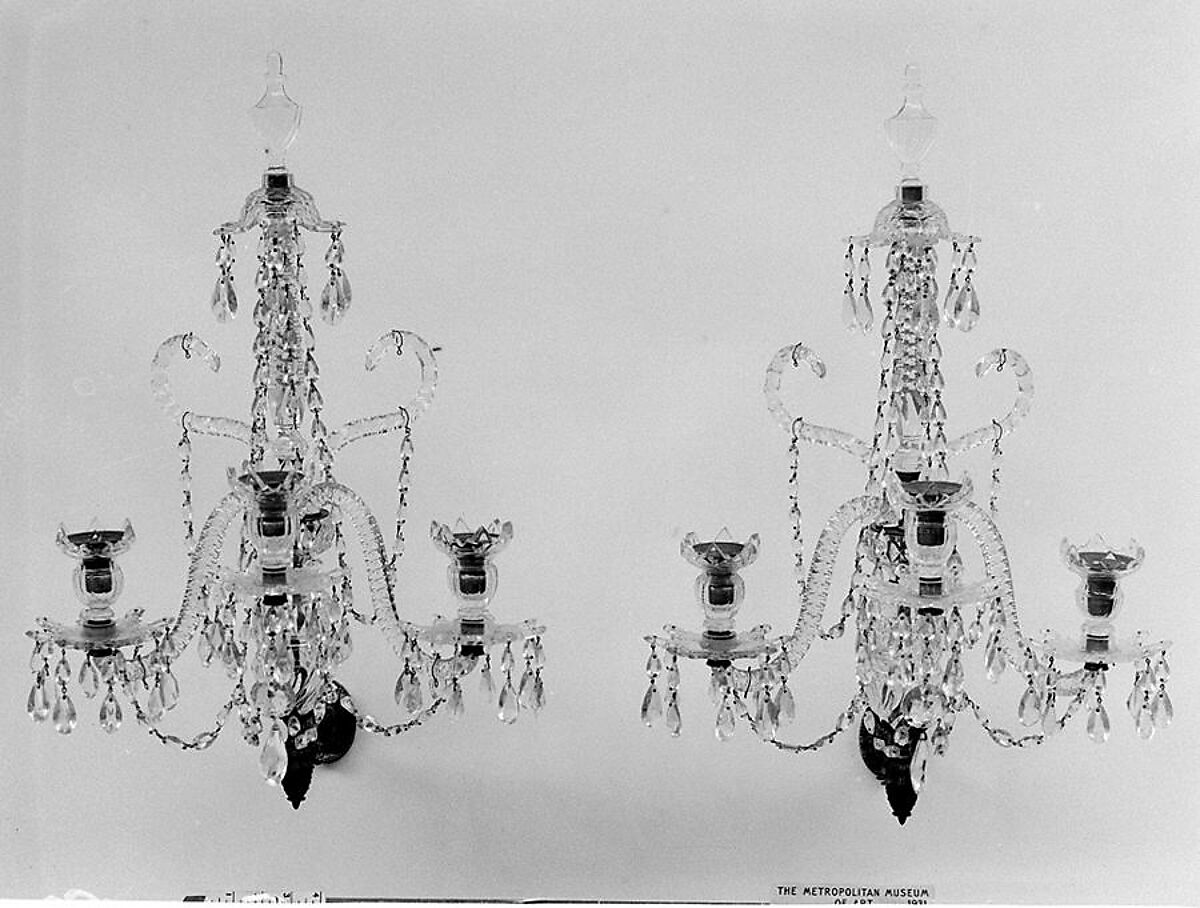 Pair of sconces, Glass; gilt-bronze arms, British or Irish 