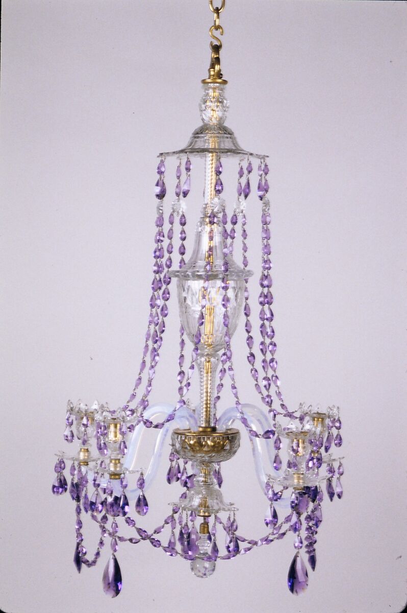 Chandelier, Colorless, opalescent, and amethyst glass, gilt bronze, British 