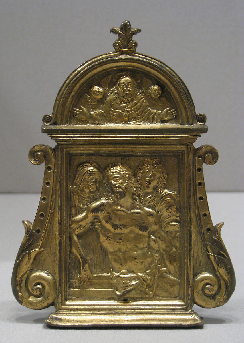 Pietà, with the Virgin, Saint John, and an angel, Moderno (Galeazzo Mondella) (Italian, Verona 1467–1528 Verona), Gilt bronze, Italian, Verona 