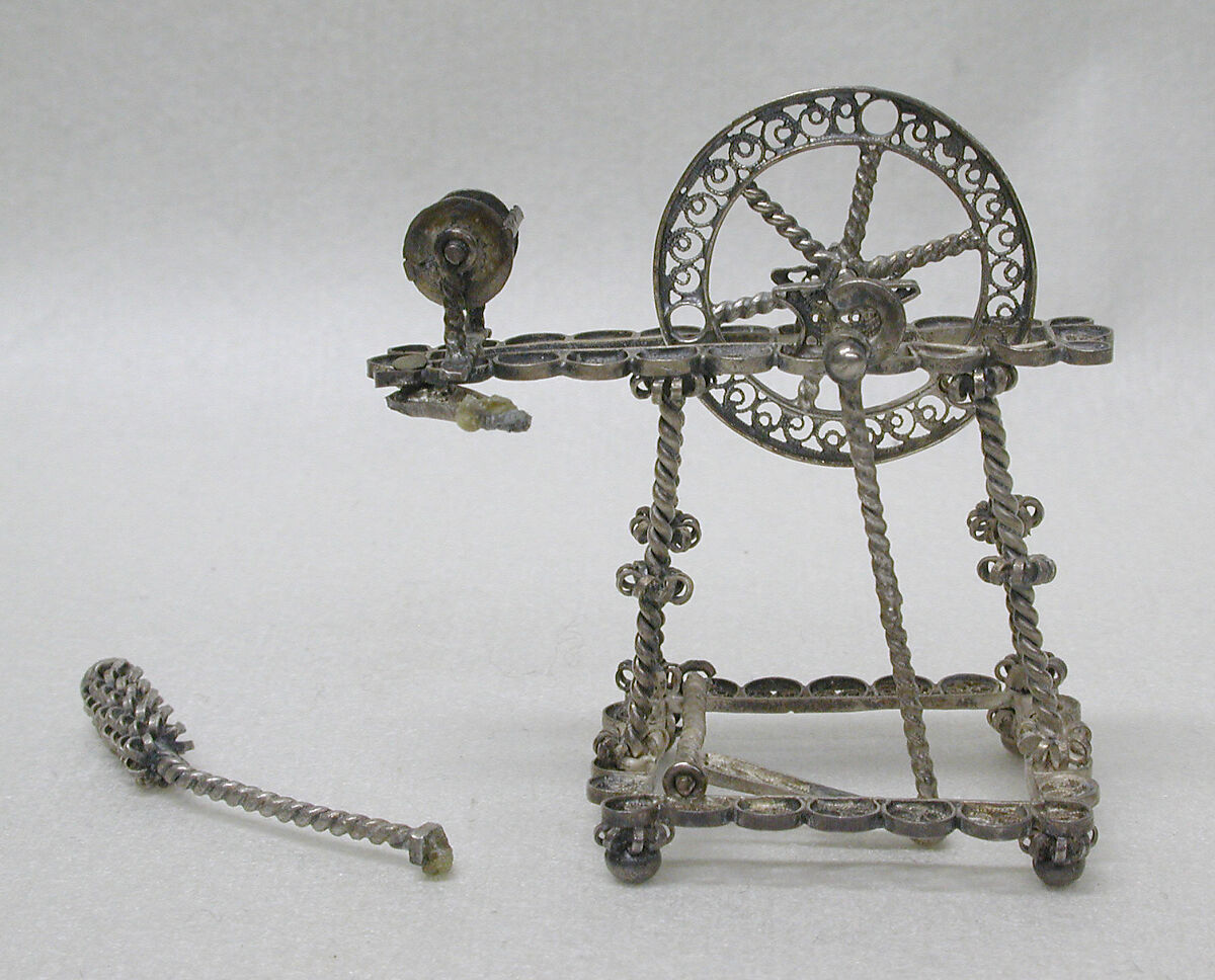Miniature spinning wheel (part of a set), Silver, Southern German 