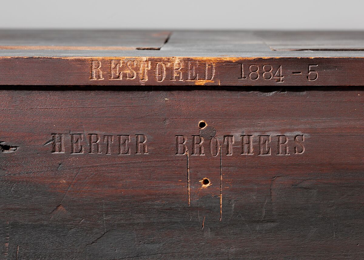 Cabinet, Oak and poplar wood veneered with ebony; ivory; stained ivory; bone, and various marquetry woods, including kingwood and amaranth; ebonized pearwood; gilt-bronze capitals and bases; plated-iron hardware, French, Paris