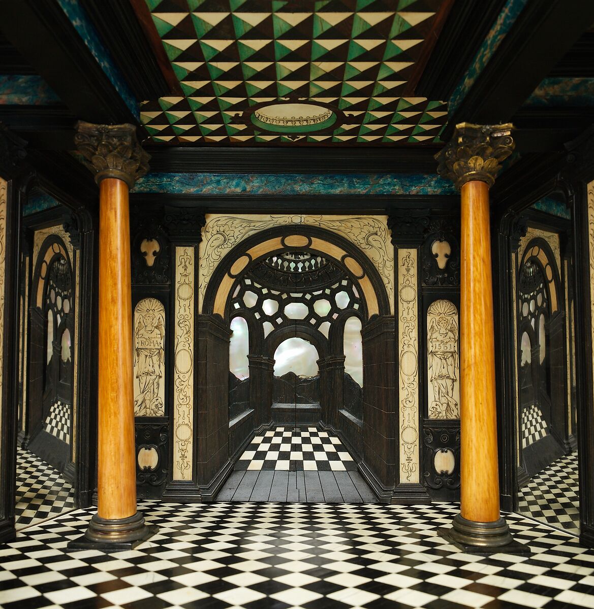 Cabinet, Oak and poplar wood veneered with ebony; ivory; stained ivory; bone, and various marquetry woods, including kingwood and amaranth; ebonized pearwood; gilt-bronze capitals and bases; plated-iron hardware, French, Paris