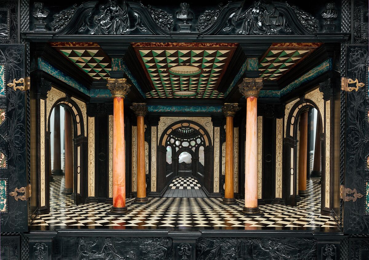 Cabinet, Oak and poplar wood veneered with ebony; ivory; stained ivory; bone, and various marquetry woods, including kingwood and amaranth; ebonized pearwood; gilt-bronze capitals and bases; plated-iron hardware, French, Paris