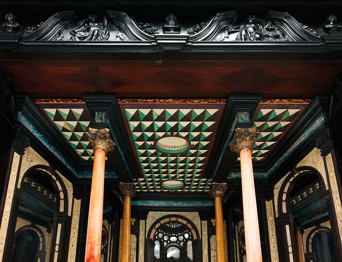 Cabinet, Oak and poplar wood veneered with ebony; ivory; stained ivory; bone, and various marquetry woods, including kingwood and amaranth; ebonized pearwood; gilt-bronze capitals and bases; plated-iron hardware, French, Paris