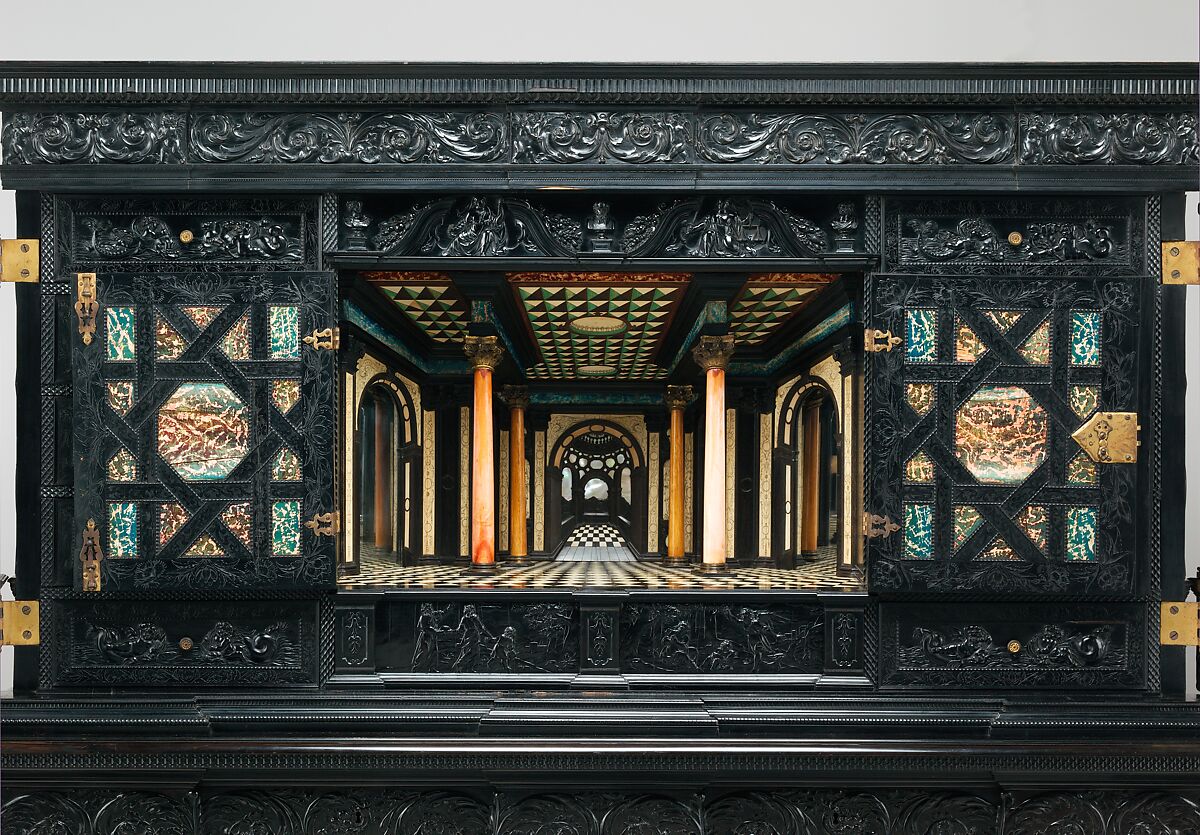 Cabinet, Oak and poplar wood veneered with ebony; ivory; stained ivory; bone, and various marquetry woods, including kingwood and amaranth; ebonized pearwood; gilt-bronze capitals and bases; plated-iron hardware, French, Paris