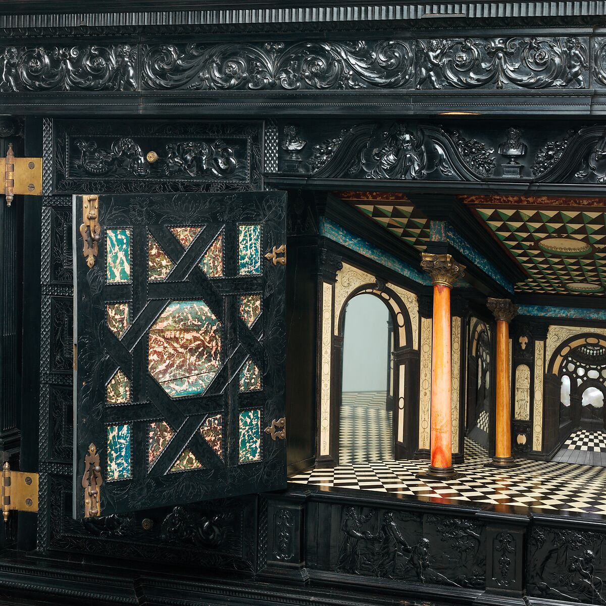 Cabinet, Oak and poplar wood veneered with ebony; ivory; stained ivory; bone, and various marquetry woods, including kingwood and amaranth; ebonized pearwood; gilt-bronze capitals and bases; plated-iron hardware, French, Paris