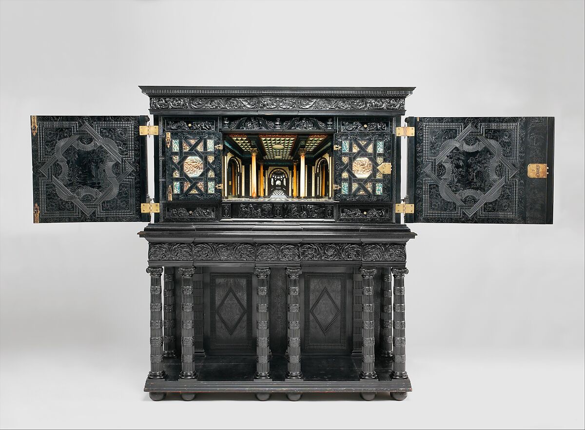 Cabinet, Oak and poplar wood veneered with ebony; ivory; stained ivory; bone, and various marquetry woods, including kingwood and amaranth; ebonized pearwood; gilt-bronze capitals and bases; plated-iron hardware, French, Paris 