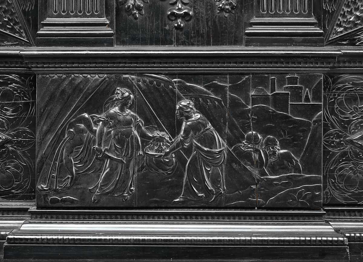 Cabinet, Oak and poplar wood veneered with ebony; ivory; stained ivory; bone, and various marquetry woods, including kingwood and amaranth; ebonized pearwood; gilt-bronze capitals and bases; plated-iron hardware, French, Paris