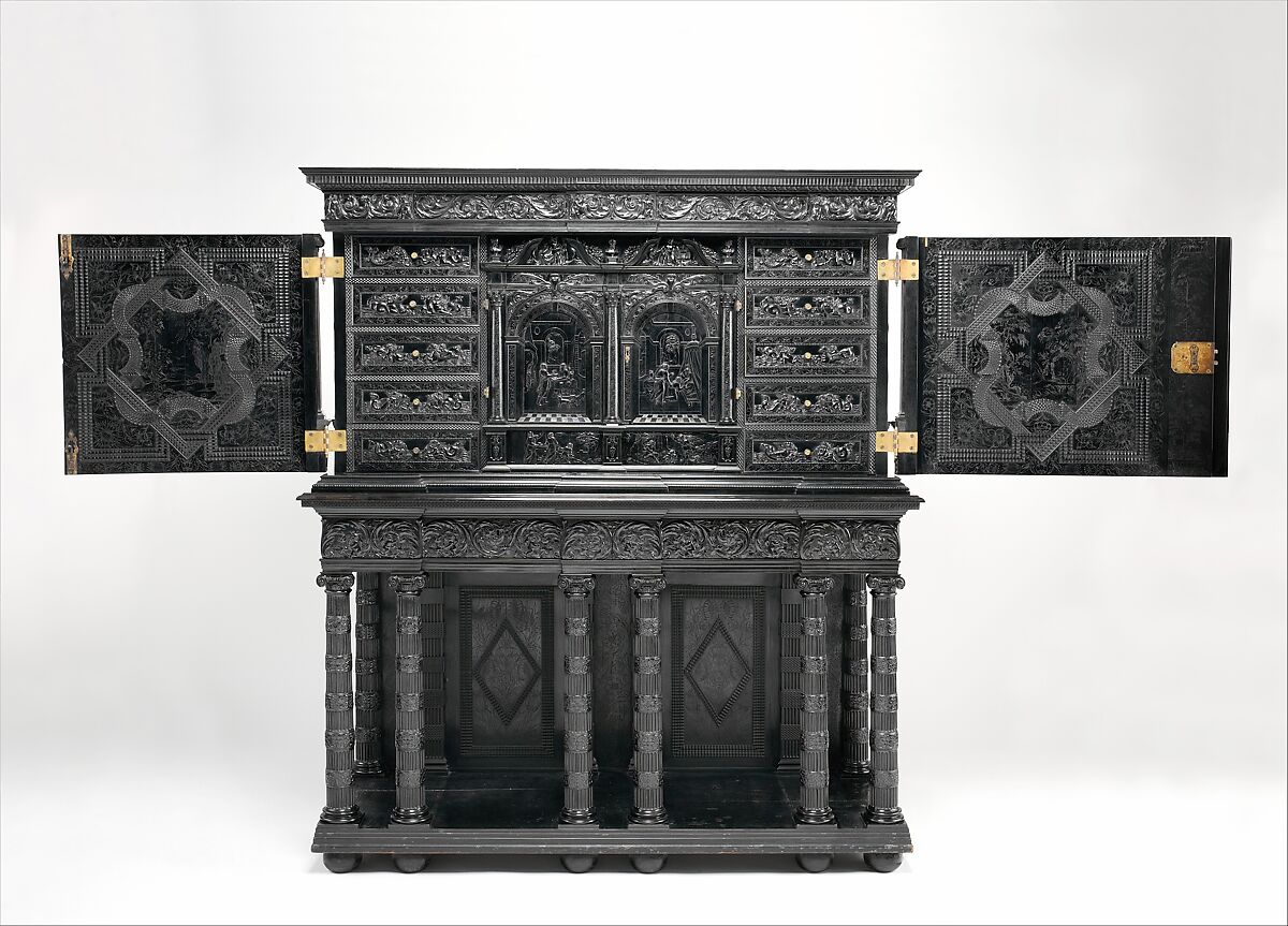 Cabinet, Oak and poplar wood veneered with ebony; ivory; stained ivory; bone, and various marquetry woods, including kingwood and amaranth; ebonized pearwood; gilt-bronze capitals and bases; plated-iron hardware, French, Paris