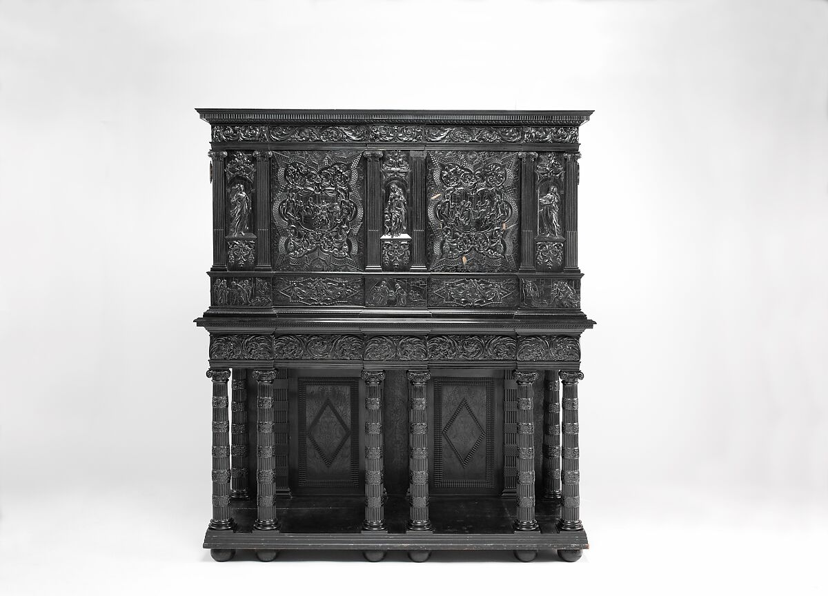 Cabinet, Oak and poplar wood veneered with ebony; ivory; stained ivory; bone, and various marquetry woods, including kingwood and amaranth; ebonized pearwood; gilt-bronze capitals and bases; plated-iron hardware, French, Paris