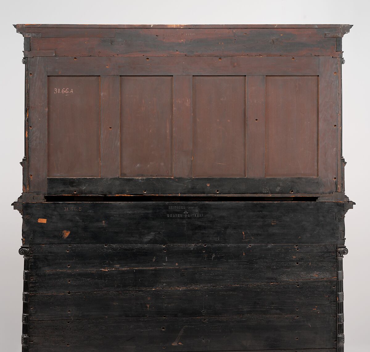 Cabinet, Oak and poplar wood veneered with ebony; ivory; stained ivory; bone, and various marquetry woods, including kingwood and amaranth; ebonized pearwood; gilt-bronze capitals and bases; plated-iron hardware, French, Paris