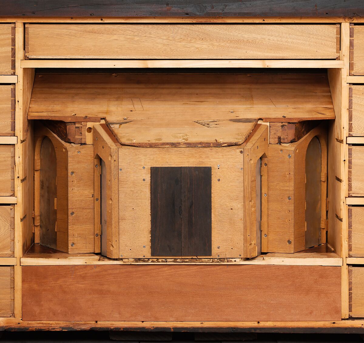 Cabinet, Oak and poplar wood veneered with ebony; ivory; stained ivory; bone, and various marquetry woods, including kingwood and amaranth; ebonized pearwood; gilt-bronze capitals and bases; plated-iron hardware, French, Paris