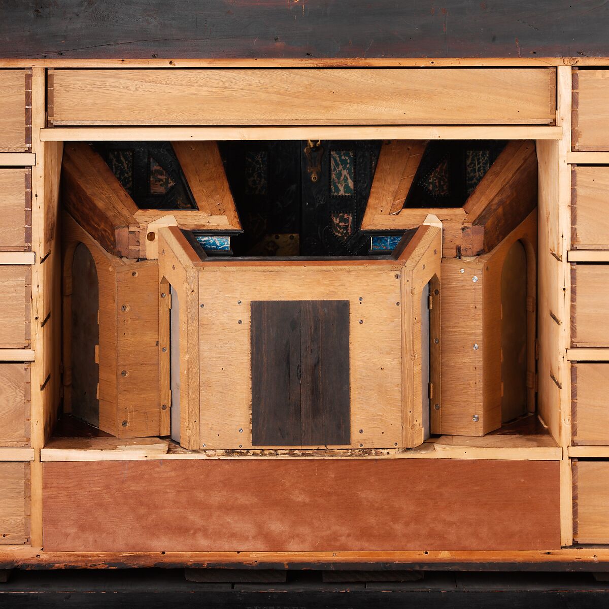 Cabinet, Oak and poplar wood veneered with ebony; ivory; stained ivory; bone, and various marquetry woods, including kingwood and amaranth; ebonized pearwood; gilt-bronze capitals and bases; plated-iron hardware, French, Paris