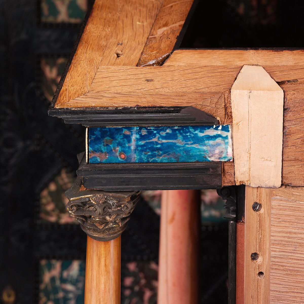 Cabinet, Oak and poplar wood veneered with ebony; ivory; stained ivory; bone, and various marquetry woods, including kingwood and amaranth; ebonized pearwood; gilt-bronze capitals and bases; plated-iron hardware, French, Paris