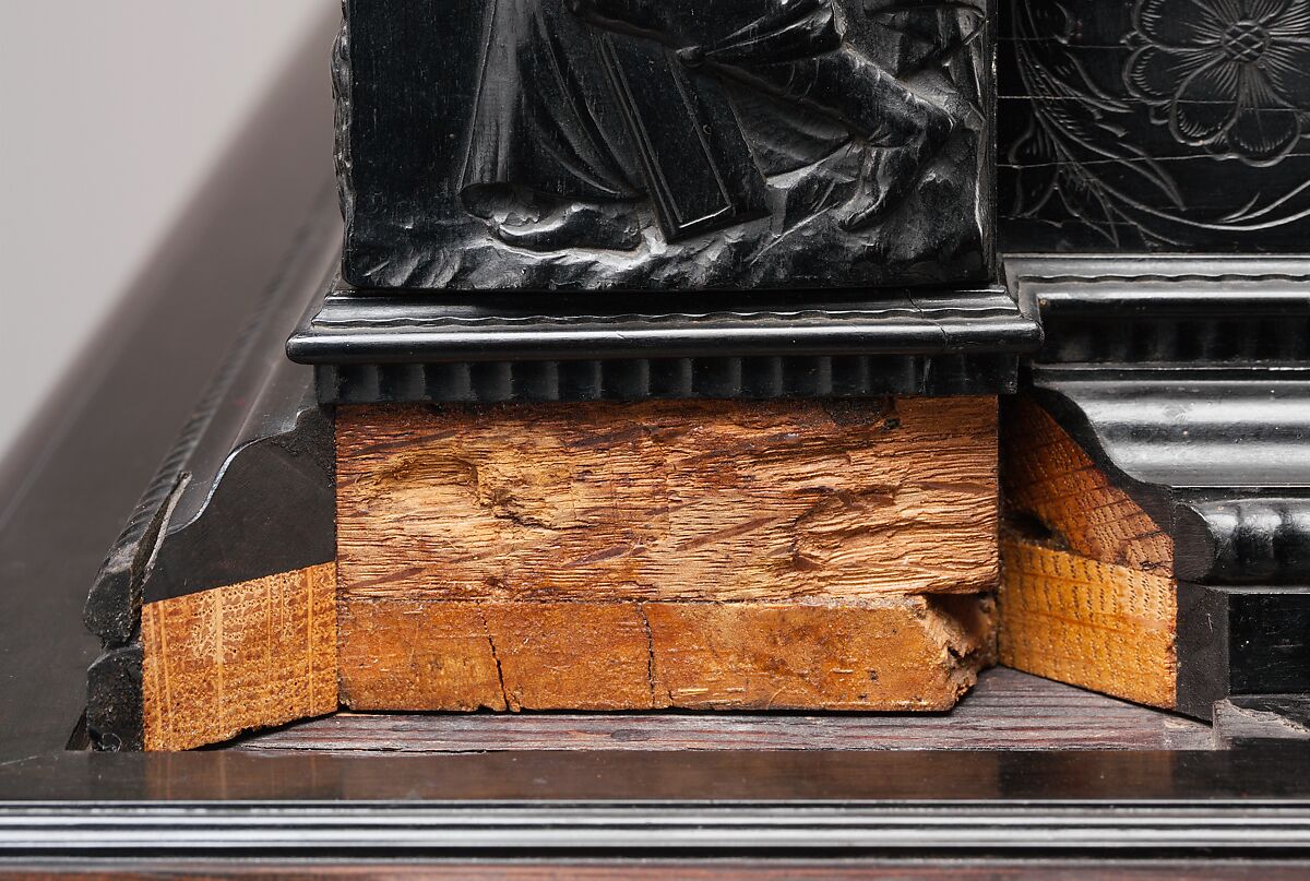 Cabinet, Oak and poplar wood veneered with ebony; ivory; stained ivory; bone, and various marquetry woods, including kingwood and amaranth; ebonized pearwood; gilt-bronze capitals and bases; plated-iron hardware, French, Paris