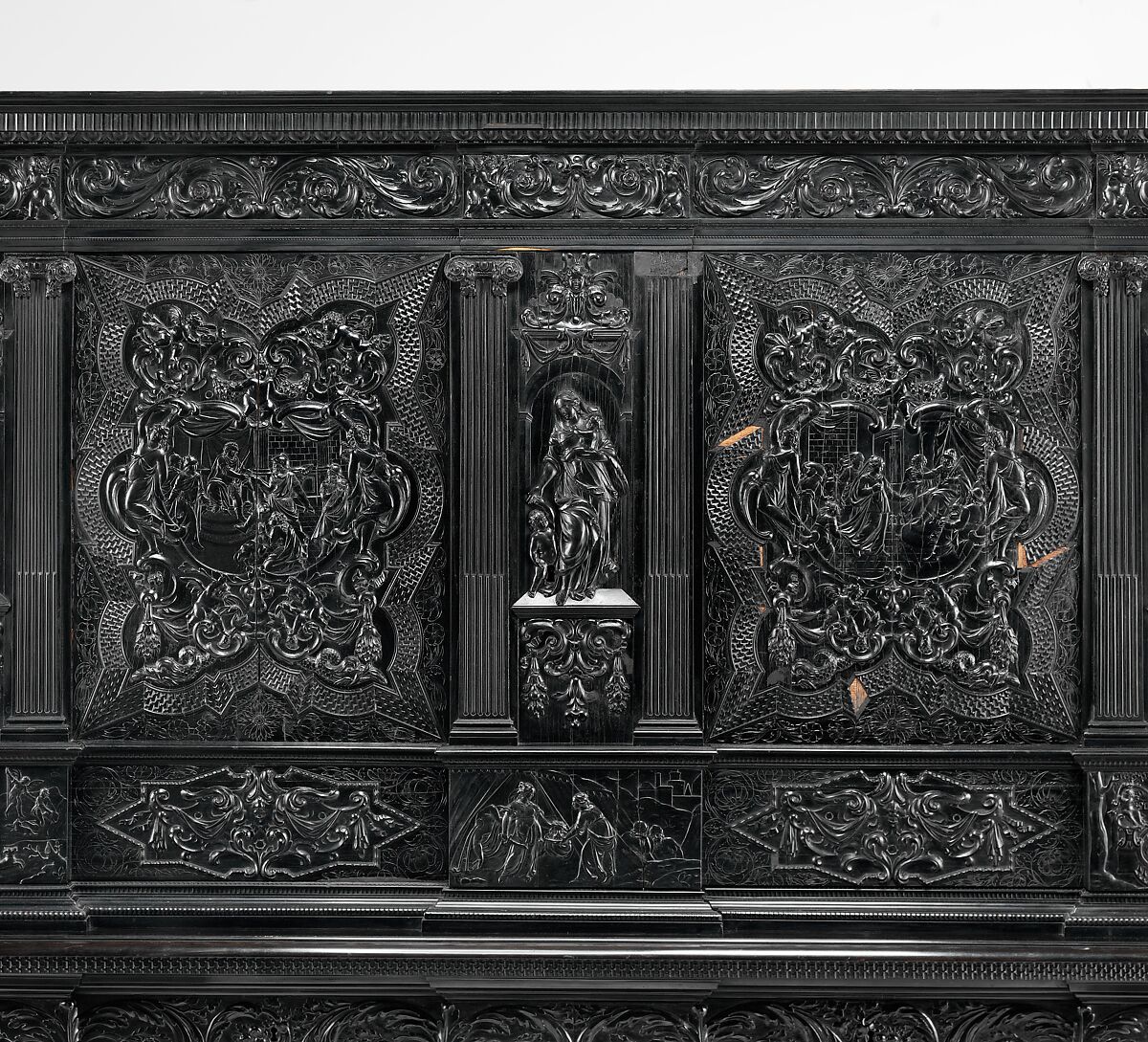 Cabinet, Oak and poplar wood veneered with ebony; ivory; stained ivory; bone, and various marquetry woods, including kingwood and amaranth; ebonized pearwood; gilt-bronze capitals and bases; plated-iron hardware, French, Paris