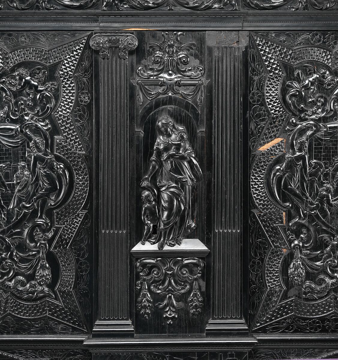 Cabinet, Oak and poplar wood veneered with ebony; ivory; stained ivory; bone, and various marquetry woods, including kingwood and amaranth; ebonized pearwood; gilt-bronze capitals and bases; plated-iron hardware, French, Paris