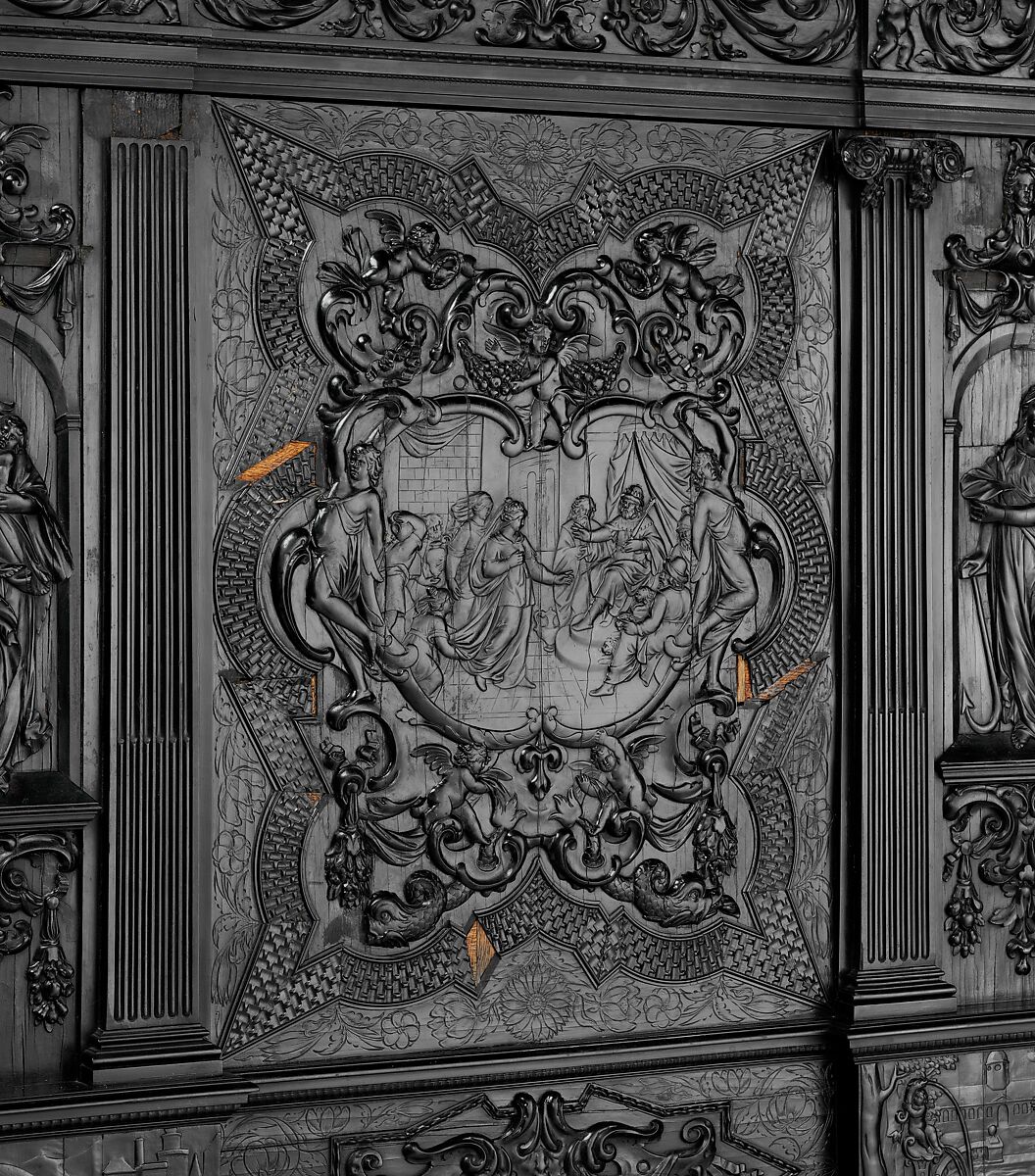 Cabinet, Oak and poplar wood veneered with ebony; ivory; stained ivory; bone, and various marquetry woods, including kingwood and amaranth; ebonized pearwood; gilt-bronze capitals and bases; plated-iron hardware, French, Paris