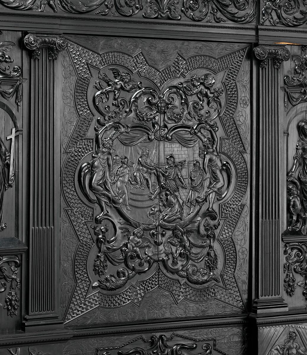 Cabinet, Oak and poplar wood veneered with ebony; ivory; stained ivory; bone, and various marquetry woods, including kingwood and amaranth; ebonized pearwood; gilt-bronze capitals and bases; plated-iron hardware, French, Paris