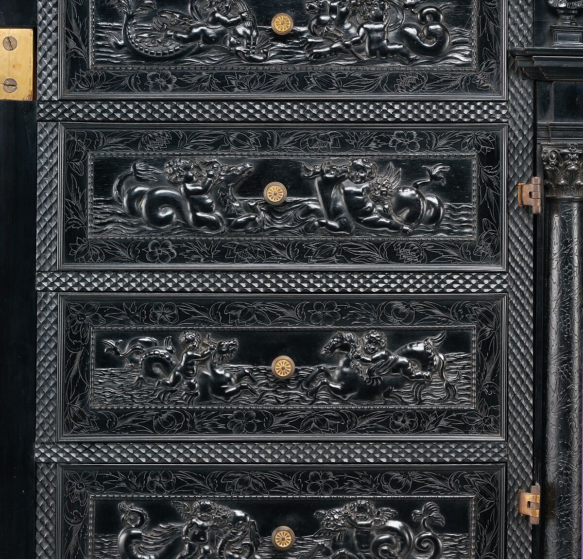 Cabinet, Oak and poplar wood veneered with ebony; ivory; stained ivory; bone, and various marquetry woods, including kingwood and amaranth; ebonized pearwood; gilt-bronze capitals and bases; plated-iron hardware, French, Paris