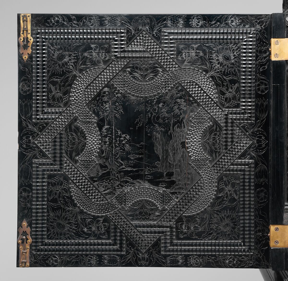 Cabinet, Oak and poplar wood veneered with ebony; ivory; stained ivory; bone, and various marquetry woods, including kingwood and amaranth; ebonized pearwood; gilt-bronze capitals and bases; plated-iron hardware, French, Paris