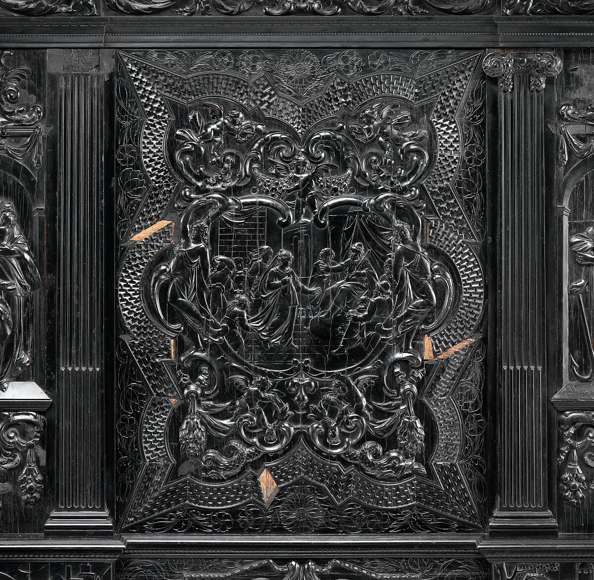 Cabinet, Oak and poplar wood veneered with ebony; ivory; stained ivory; bone, and various marquetry woods, including kingwood and amaranth; ebonized pearwood; gilt-bronze capitals and bases; plated-iron hardware, French, Paris