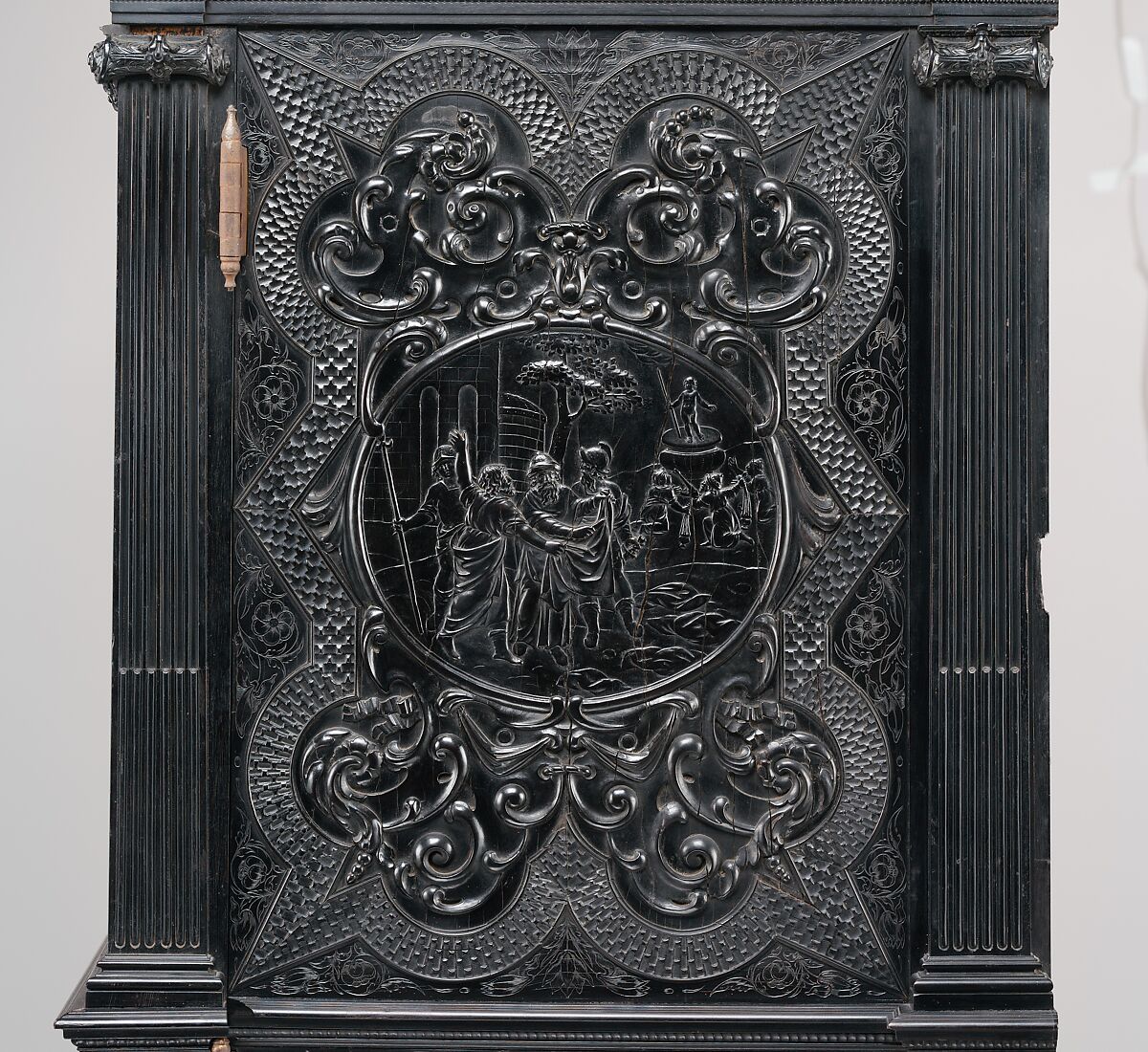 Cabinet, Oak and poplar wood veneered with ebony; ivory; stained ivory; bone, and various marquetry woods, including kingwood and amaranth; ebonized pearwood; gilt-bronze capitals and bases; plated-iron hardware, French, Paris