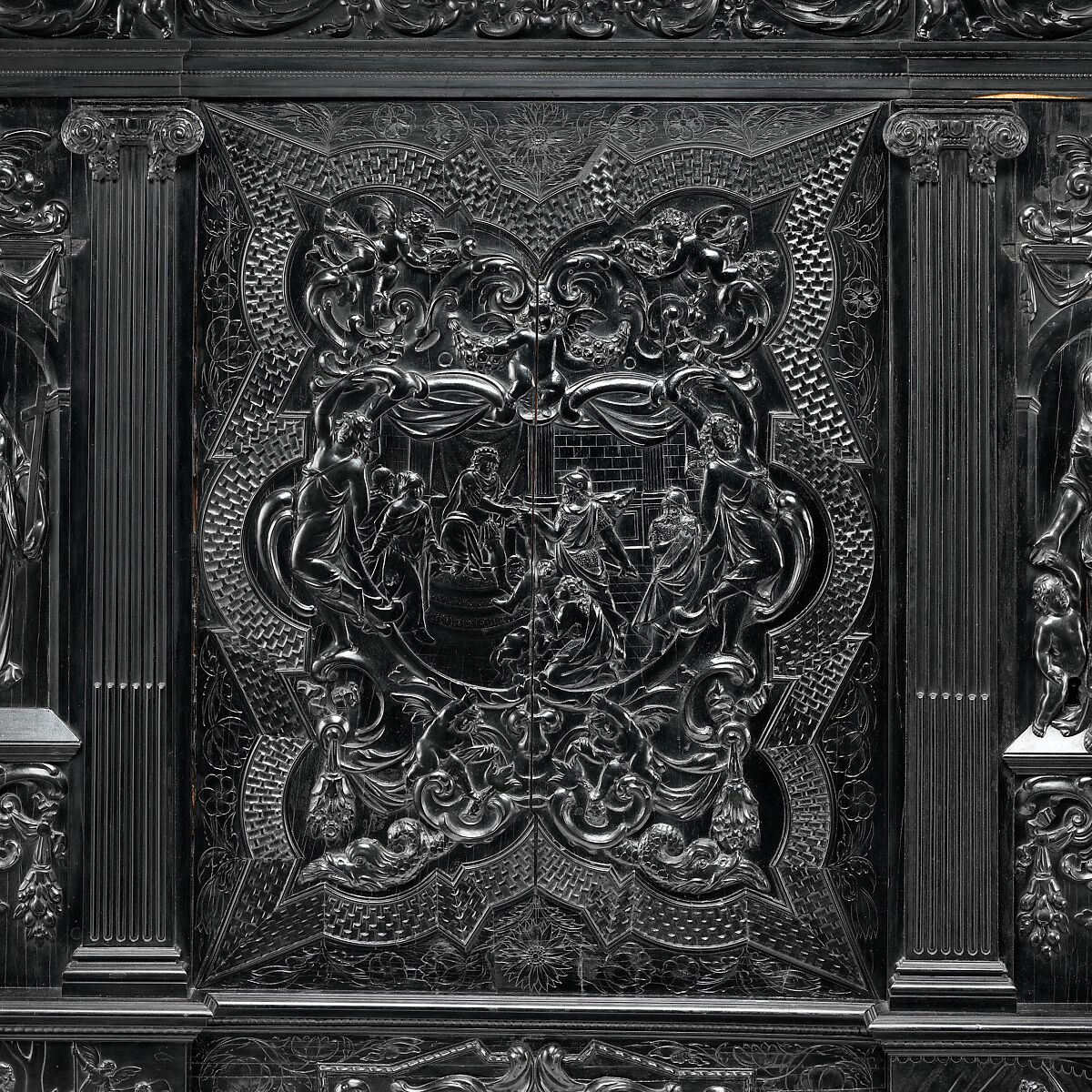 Cabinet, Oak and poplar wood veneered with ebony; ivory; stained ivory; bone, and various marquetry woods, including kingwood and amaranth; ebonized pearwood; gilt-bronze capitals and bases; plated-iron hardware, French, Paris
