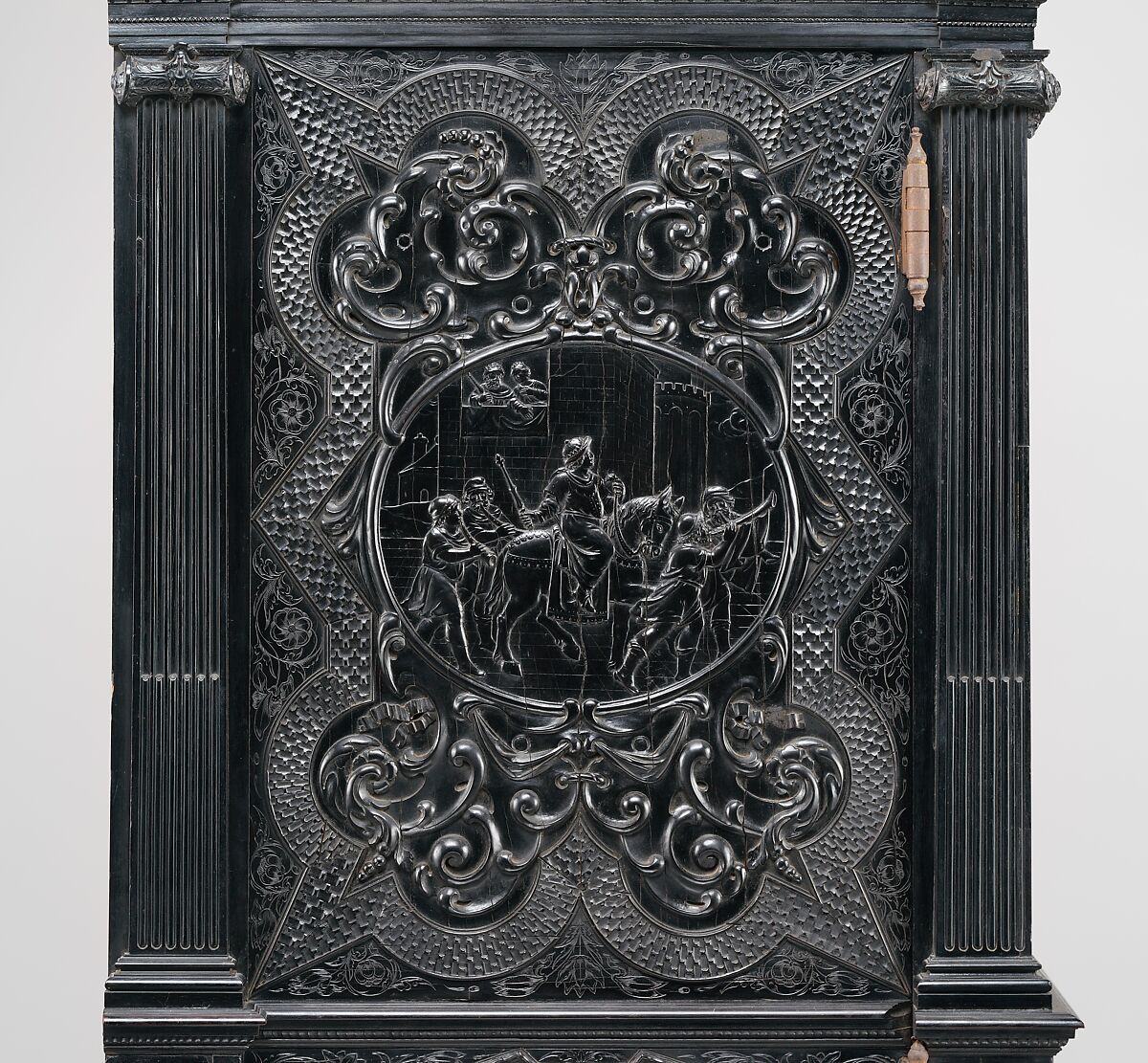 Cabinet, Oak and poplar wood veneered with ebony; ivory; stained ivory; bone, and various marquetry woods, including kingwood and amaranth; ebonized pearwood; gilt-bronze capitals and bases; plated-iron hardware, French, Paris
