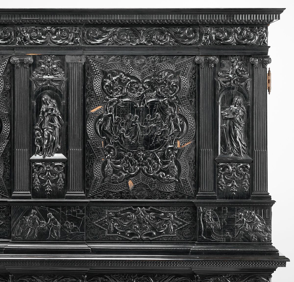 Cabinet, Oak and poplar wood veneered with ebony; ivory; stained ivory; bone, and various marquetry woods, including kingwood and amaranth; ebonized pearwood; gilt-bronze capitals and bases; plated-iron hardware, French, Paris