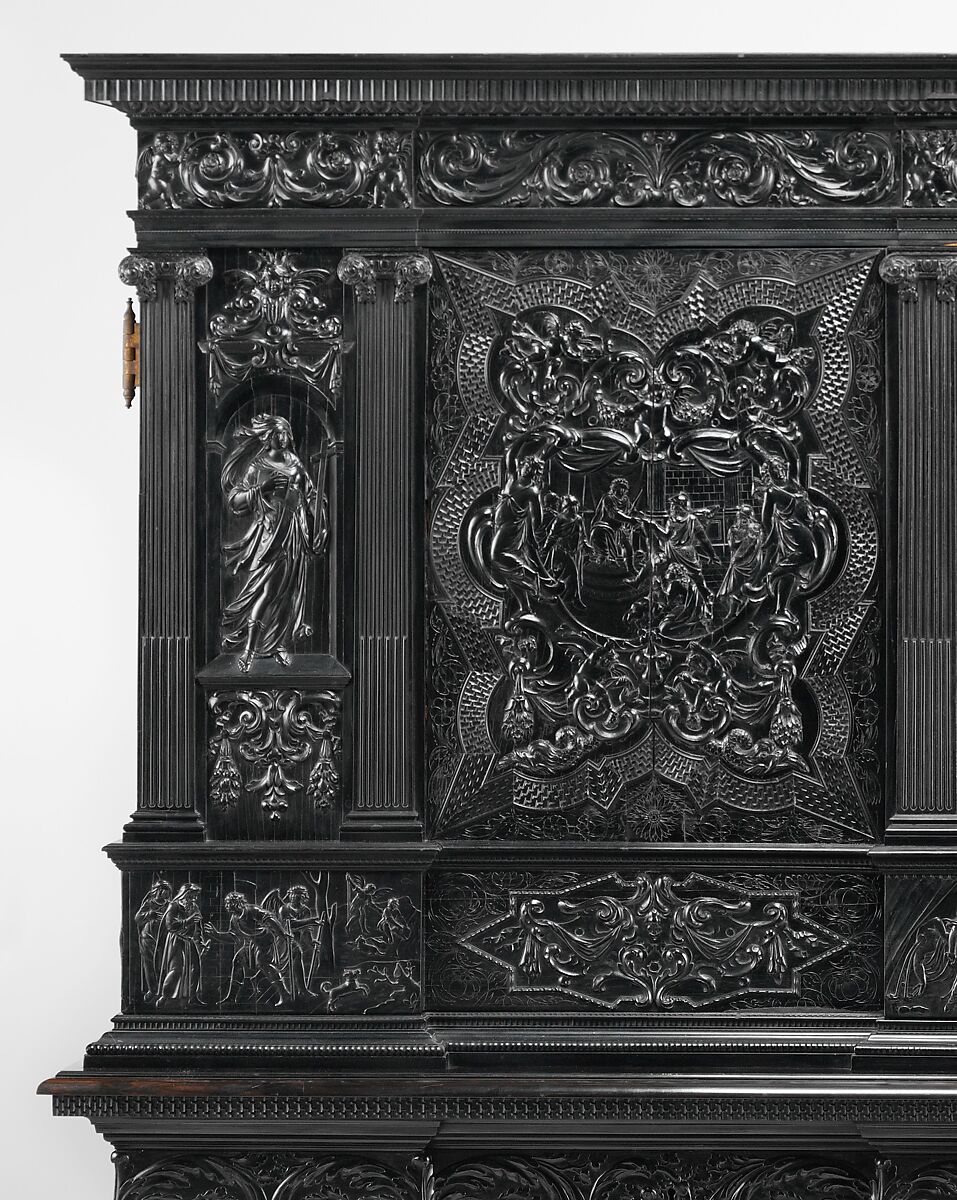 Cabinet, Oak and poplar wood veneered with ebony; ivory; stained ivory; bone, and various marquetry woods, including kingwood and amaranth; ebonized pearwood; gilt-bronze capitals and bases; plated-iron hardware, French, Paris
