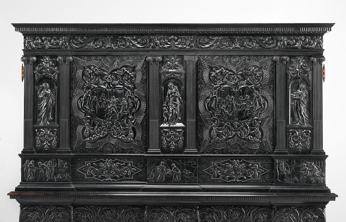 Cabinet, Oak and poplar wood veneered with ebony; ivory; stained ivory; bone, and various marquetry woods, including kingwood and amaranth; ebonized pearwood; gilt-bronze capitals and bases; plated-iron hardware, French, Paris