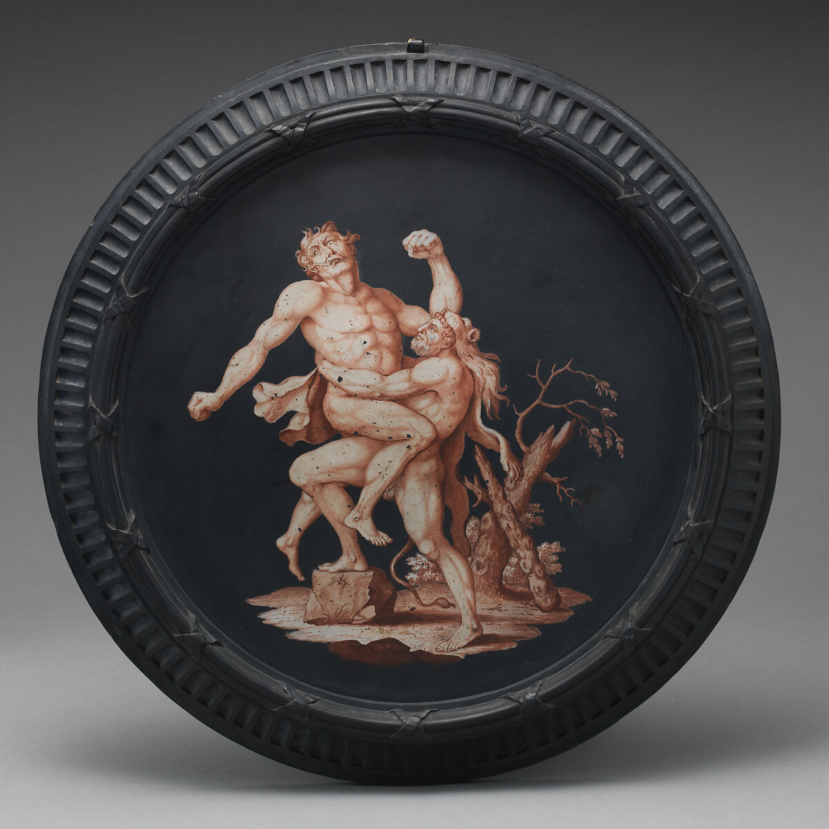 Hercules and Antaeus, Josiah Wedgwood (British, Burslem, Stoke-on-Trent 1730–1795 Burslem, Stoke-on-Trent), Black basalt ware with "encaustic" decoration, British, Etruria, Staffordshire 