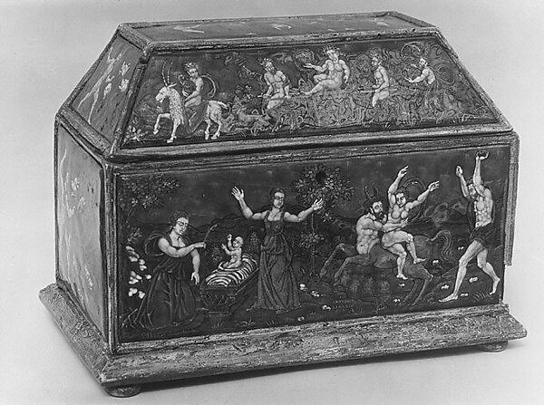Casket, Painted enamel on copper, partly gilt;  wood, partly gilt, probably French, Paris 