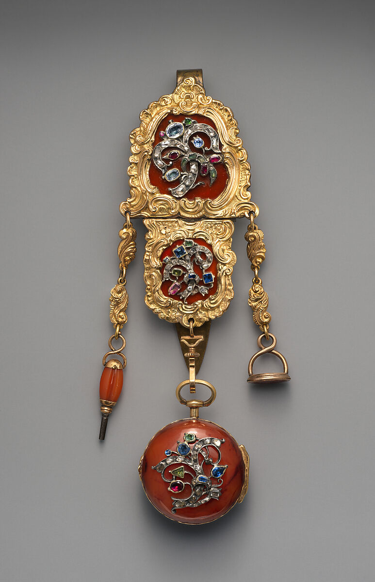 Watch and chatelaine, Watchmaker: V. Blanck, Gold, agate, diamonds, sapphires, rubies, emeralds, carnelian, German, Regensburg