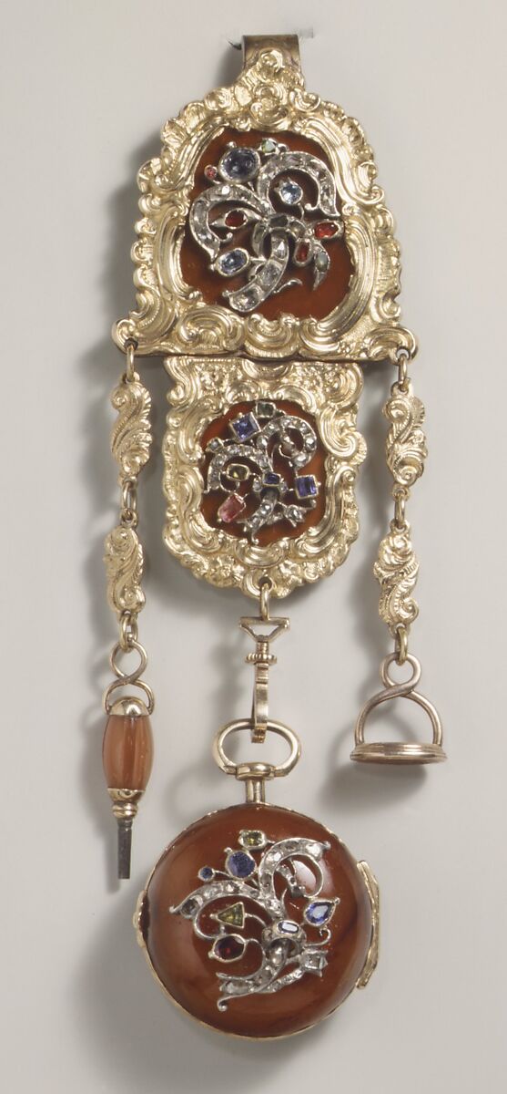 Watch and chatelaine, Watchmaker: V. Blanck, Gold, agate, diamonds, sapphires, rubies, emeralds, carnelian, German, Regensburg 