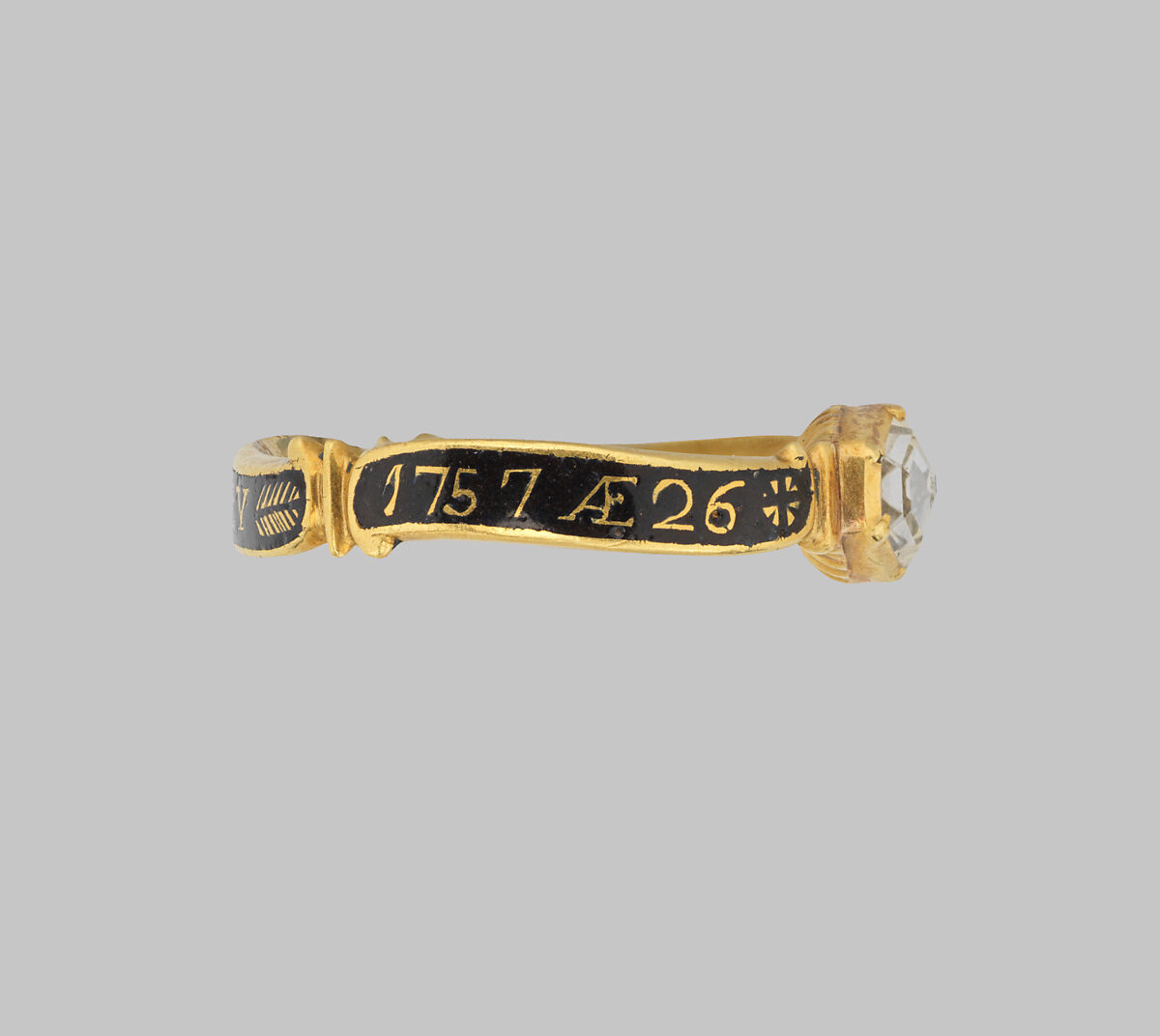 Ring, Gold, enamel, crystal, ink on bone, American