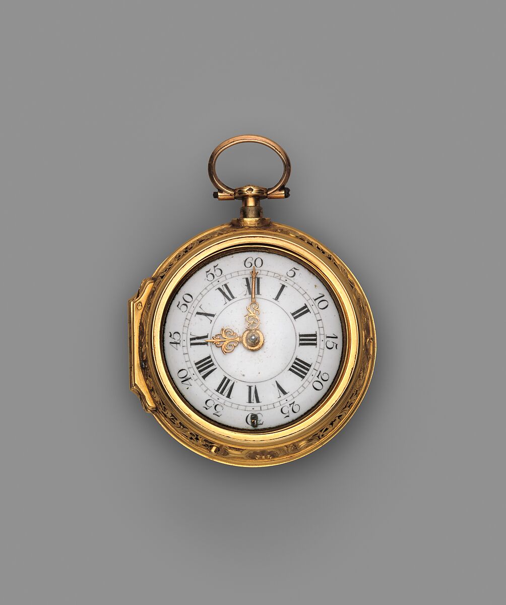 Pair-case watch with repeating mechanism, Watchmaker: Charles Cabrier II (British, act. 1719–d. 1776), Outer case: gold; Inner case: pierced and engraved gold; Dial: white enamel, British, London