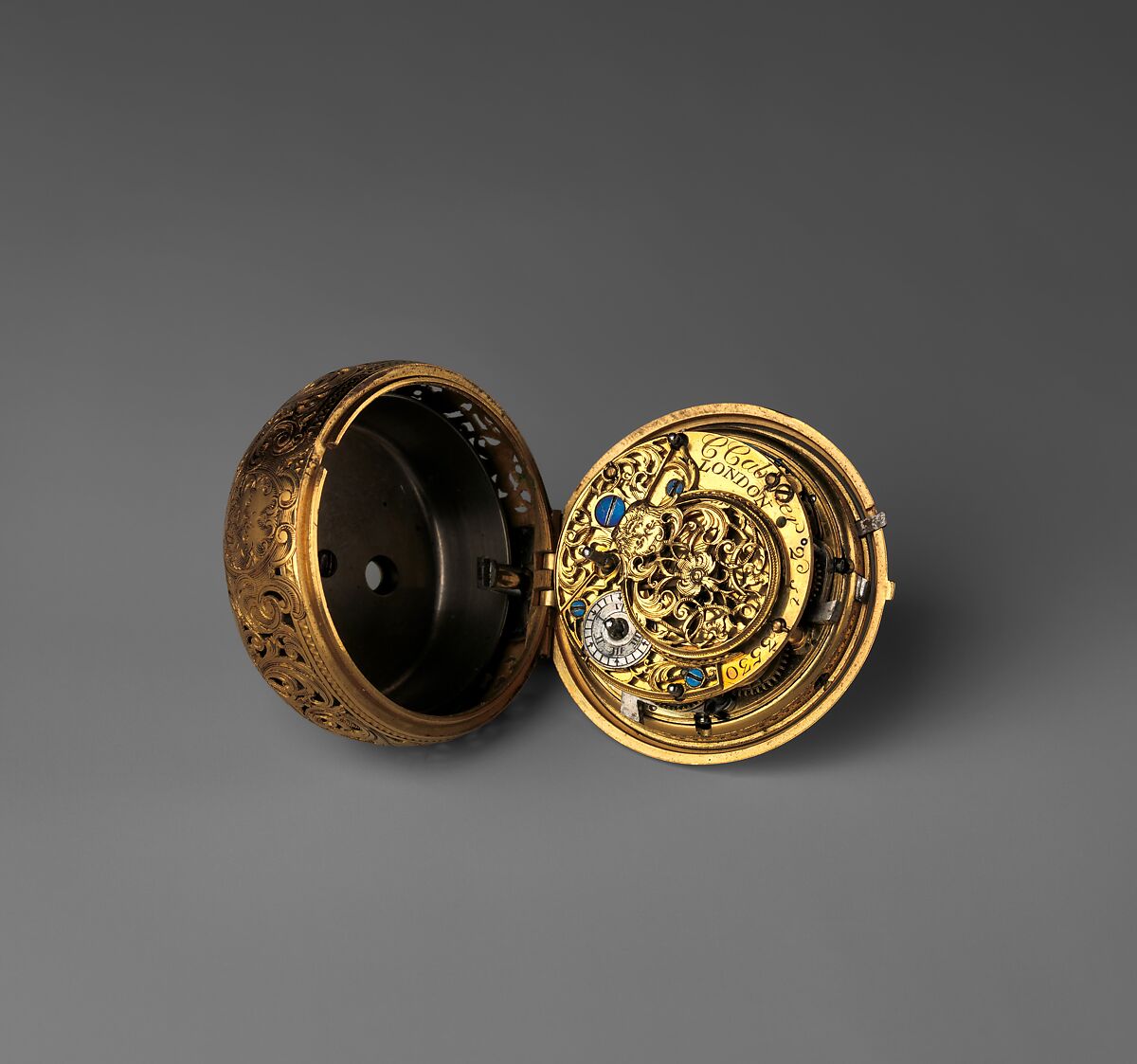 Pair-case watch with repeating mechanism, Watchmaker: Charles Cabrier II (British, act. 1719–d. 1776), Outer case: gold; Inner case: pierced and engraved gold; Dial: white enamel, British, London